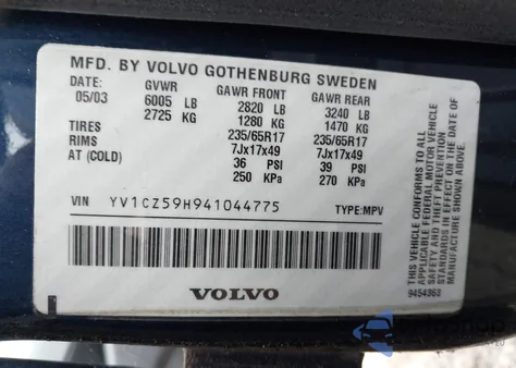 2004 Volvo Xc90 2.5T Awd z USA, uszkodzony, nr VIN YV1CZ59H941044775